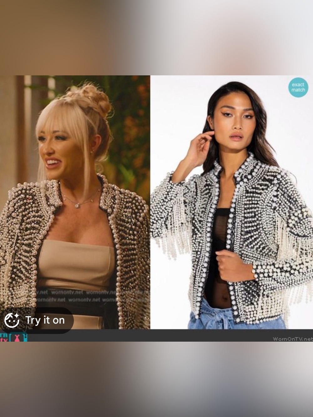 AKIRA Black Jacket with Pearl Embellishments worn on TV